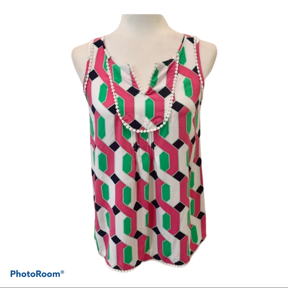 Crown & Ivy Preppy Tank With Tiny Pom Trim Sz XS